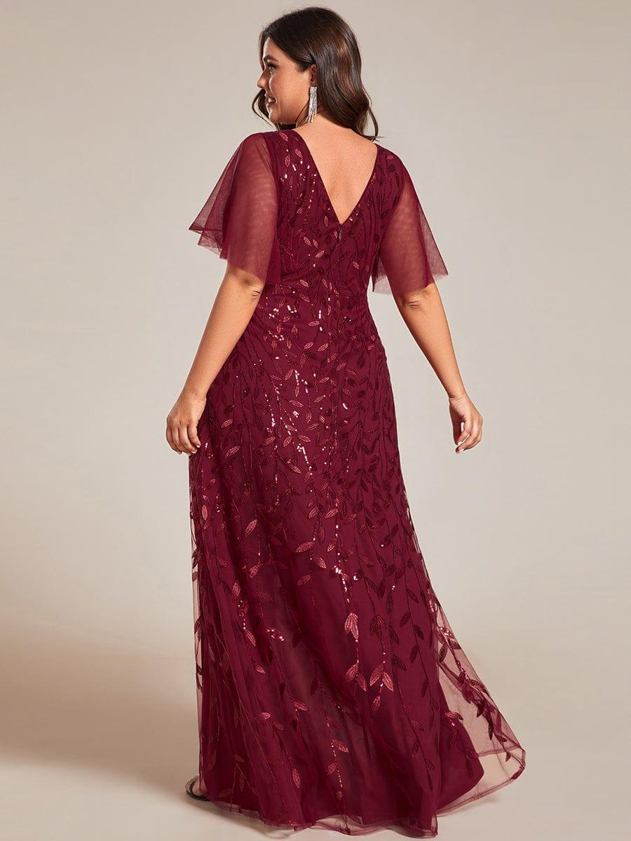 Plus Size Short Sleeves Sequin High Low V-Neck Midi Formal Evening Dress #color_Burgundy