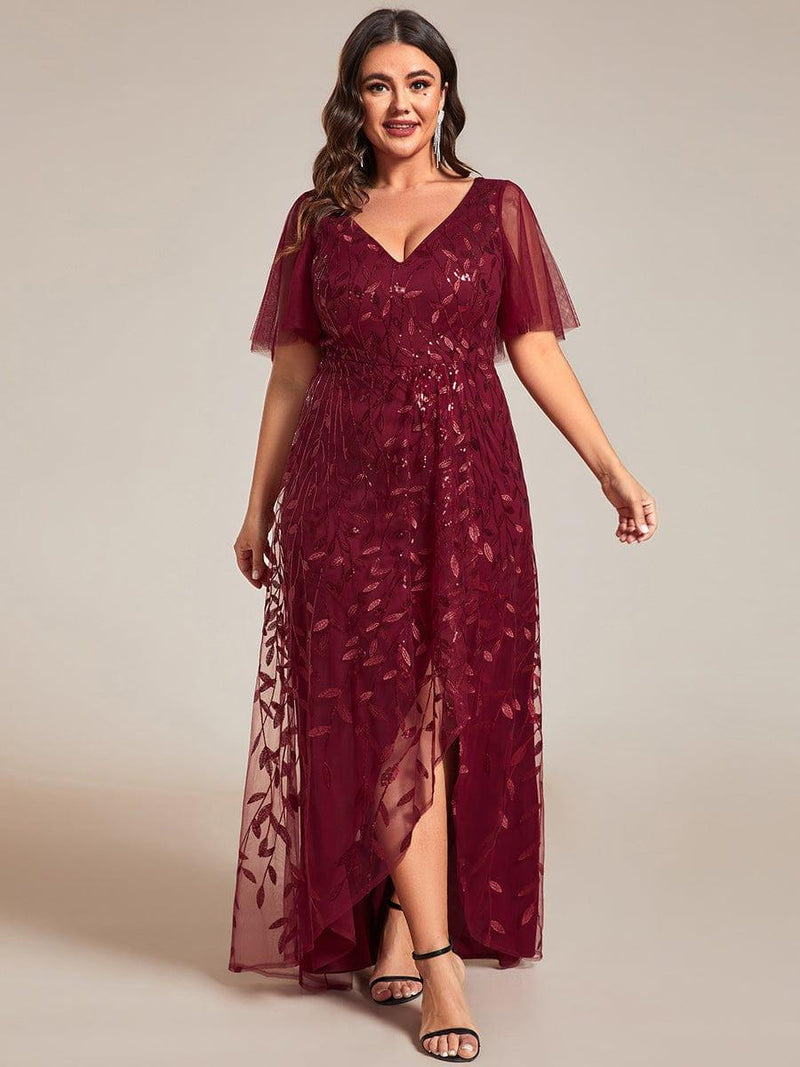 Shop Plus Size Short Sleeves Sequin High Low V-Neck Evening Dress
