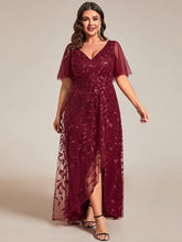 Plus Size Short Sleeves Sequin High Low V-Neck Midi Formal Evening Dress #color_Burgundy