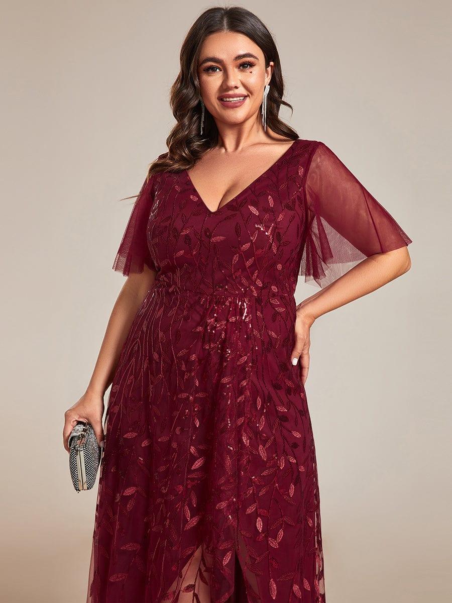 Plus Size Short Sleeves Sequin High Low V-Neck Midi Formal Evening Dress #color_Burgundy