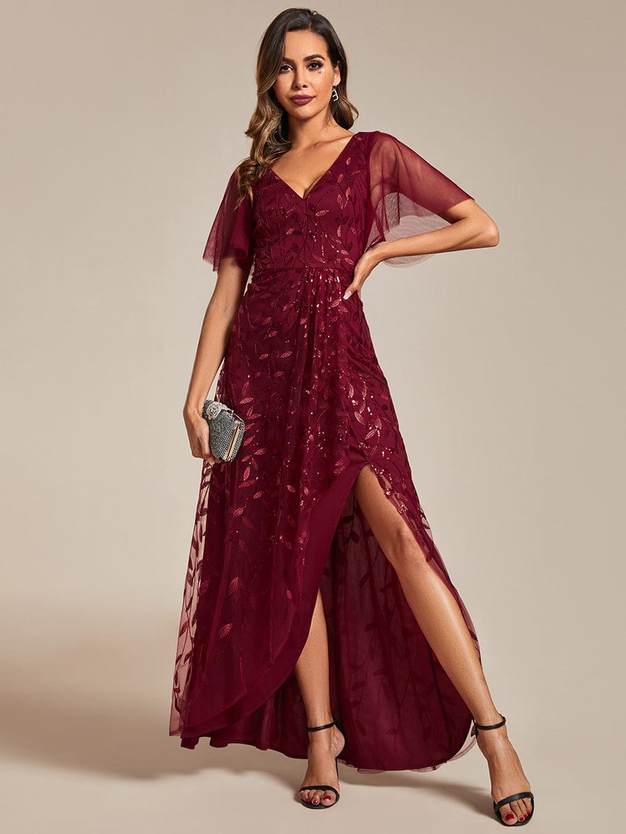 Short Sleeves Sequin High Low V-Neck Midi Formal Evening Dress #color_Burgundy