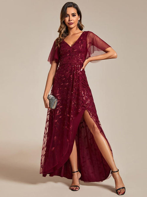 Shop Short Sleeves Sequin High Low V-Neck Midi Evening Dress
