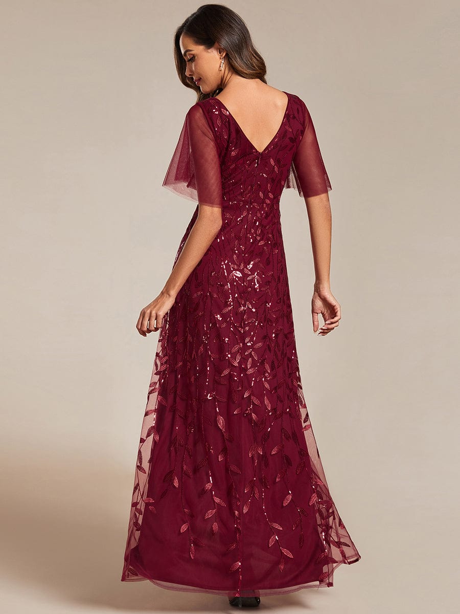 Short Sleeves Sequin High Low V-Neck Midi Formal Evening Dress #color_Burgundy