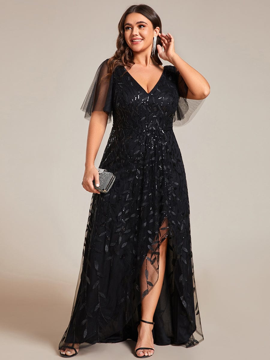 Plus Size Short Sleeves Sequin High Low V-Neck Midi Formal Evening Dress #color_Black