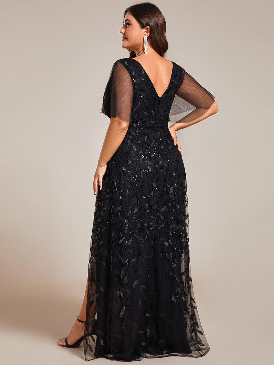 Plus Size Short Sleeves Sequin High Low V-Neck Midi Formal Evening Dress #color_Black