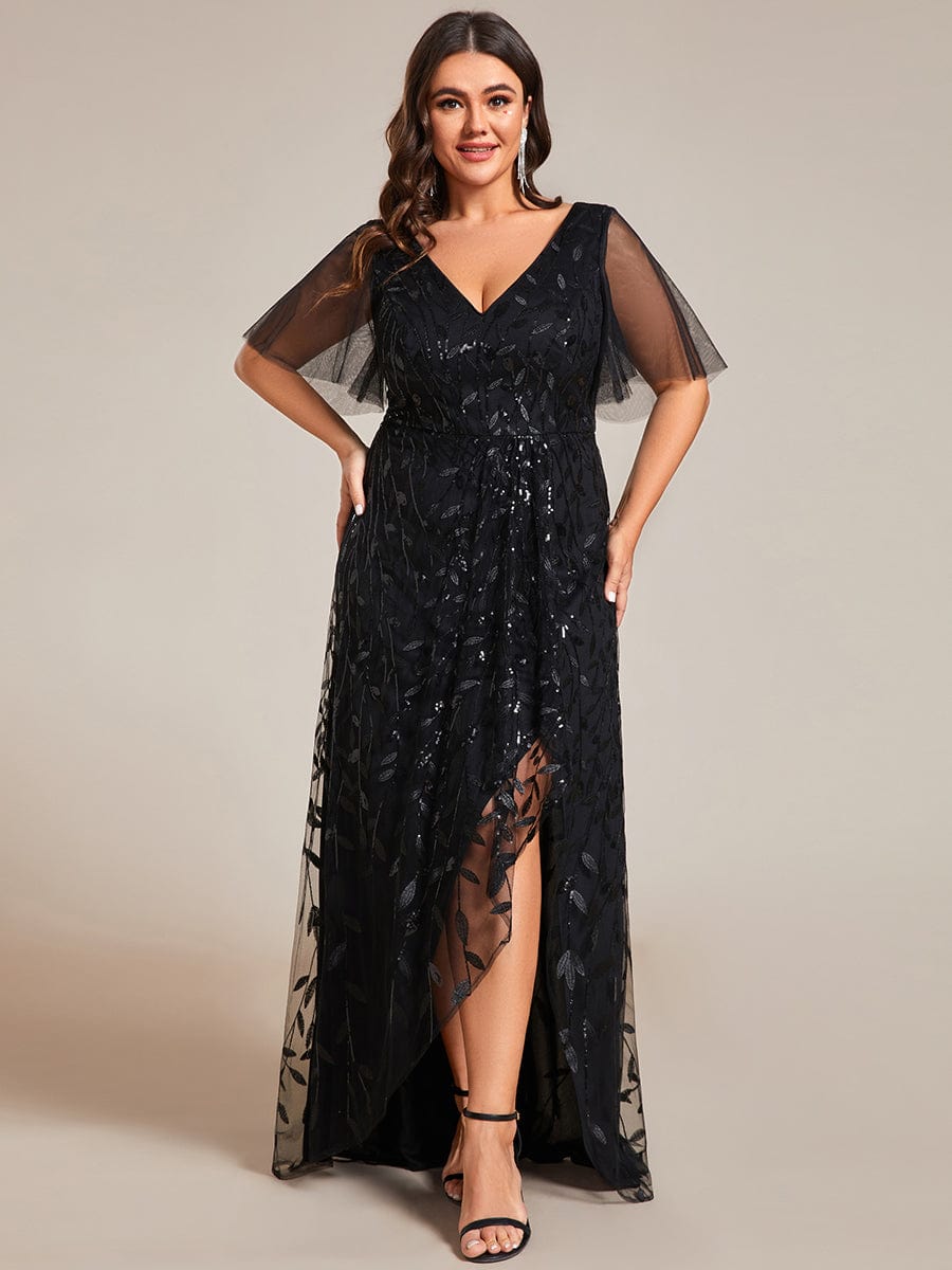 Plus Size Short Sleeves Sequin High Low V-Neck Midi Formal Evening Dress