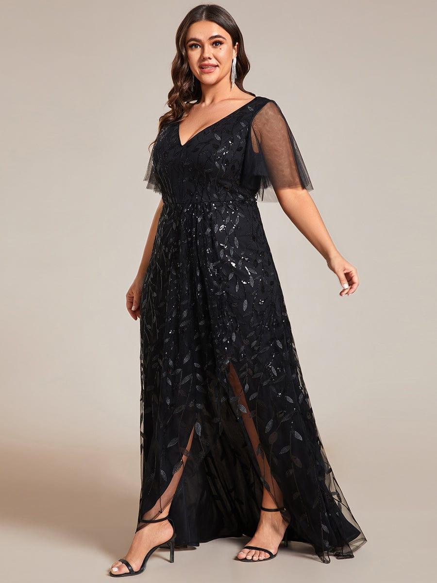 Plus Size Short Sleeves Sequin High Low V-Neck Midi Formal Evening Dress #color_Black