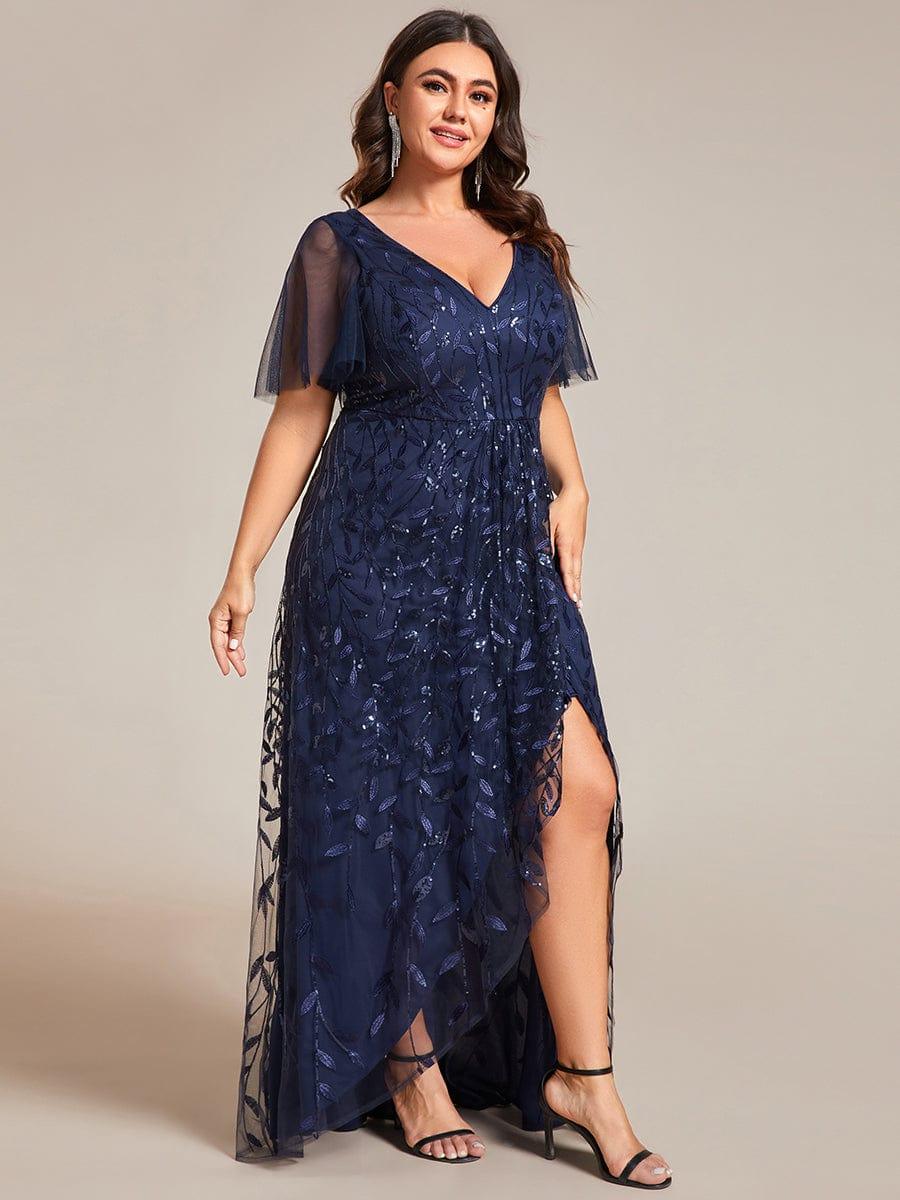 Plus Size Short Sleeves Sequin High Low V-Neck Midi Formal Evening Dress #color_Navy Blue