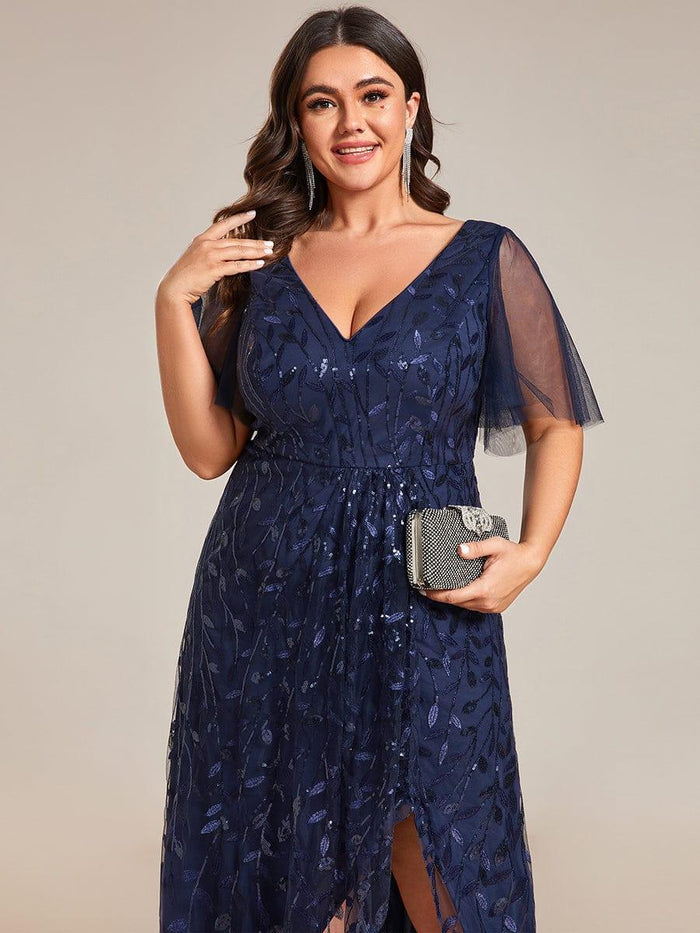 Shop Plus Size Short Sleeves Sequin High Low V-Neck Evening Dress