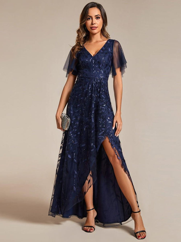 Shop Short Sleeves Sequin High Low V-Neck Midi Evening Dress