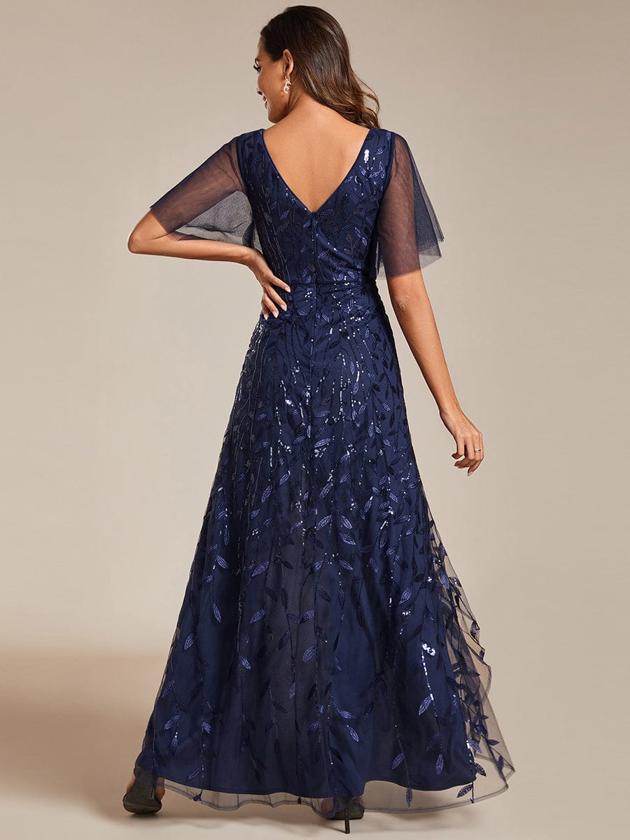 Short Sleeves Sequin High Low V-Neck Midi Formal Evening Dress #color_Navy Blue