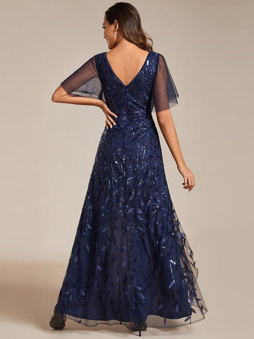 Shop Short Sleeves Sequin High Low V-Neck Midi Evening Dress