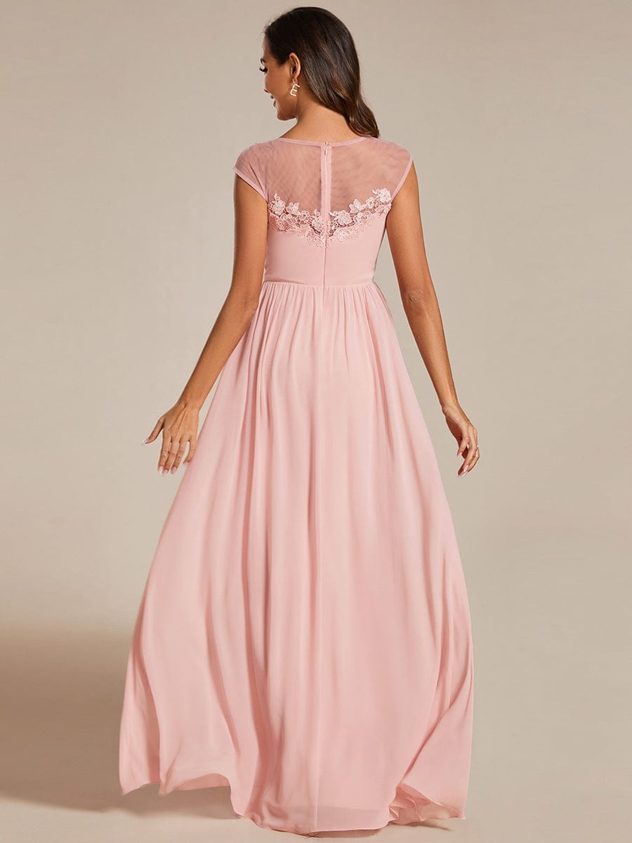 Shoulder Applique Round Neckline A-Line Formal Evening Dress featuring Cap Sleeves #color_Pink