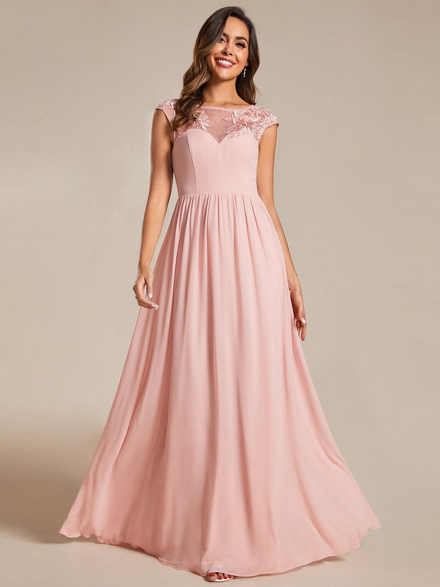 Shoulder Applique Round Neckline A-Line Formal Evening Dress featuring Cap Sleeves #color_Pink