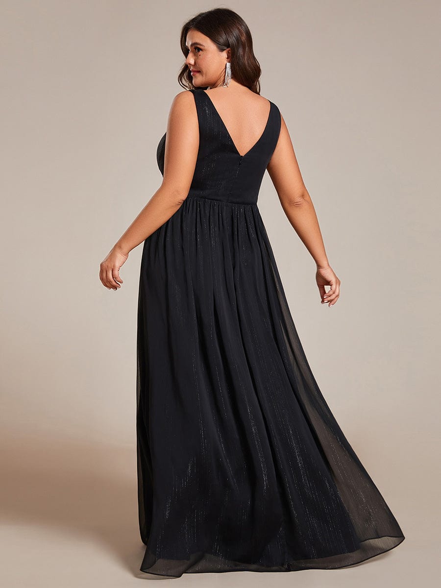 Plus Size V-Neck Sleeveless Glitter A-Line Formal Dress #color_Black