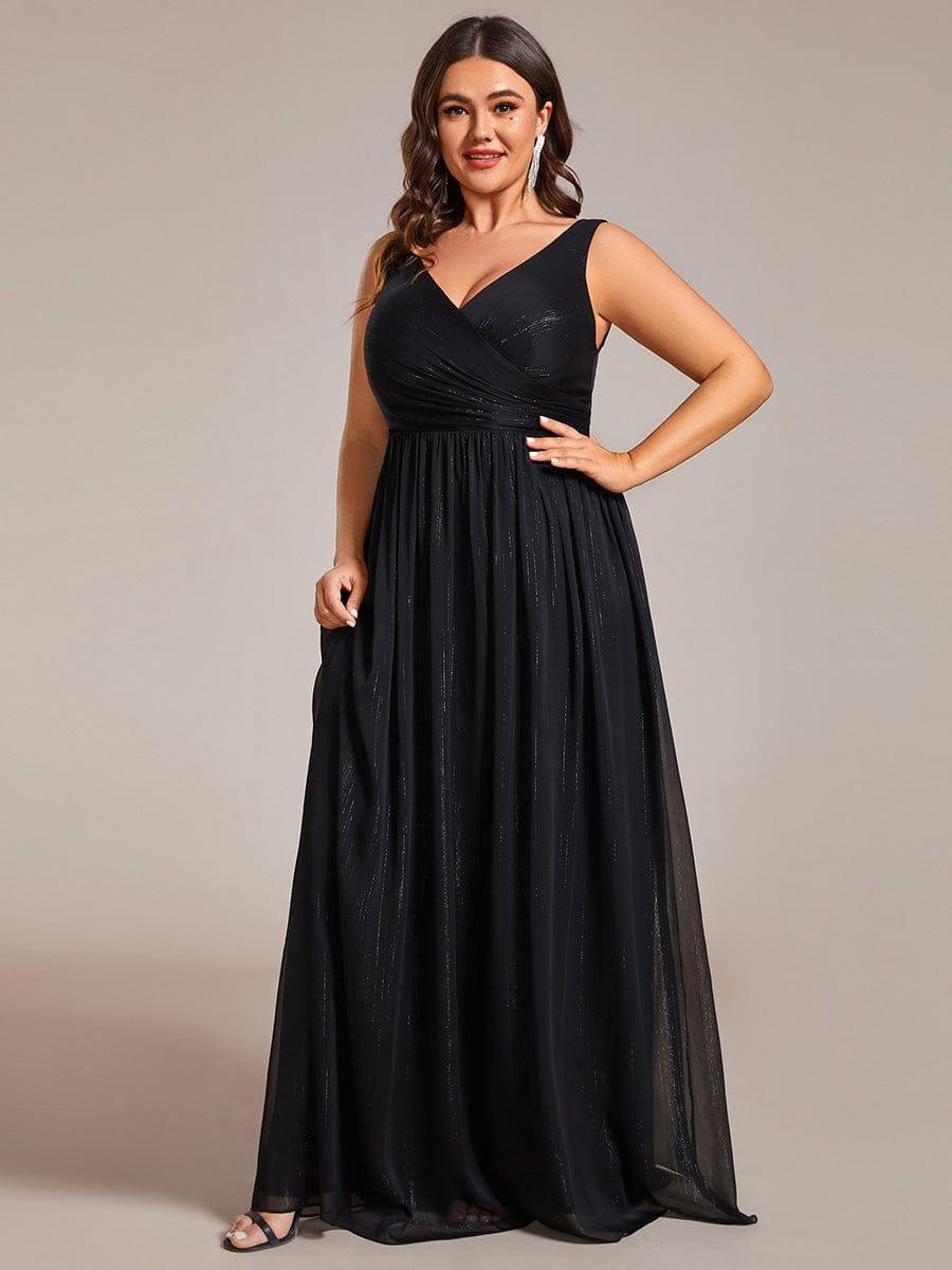 Plus Size V-Neck Sleeveless Glitter A-Line Formal Dress #color_Black