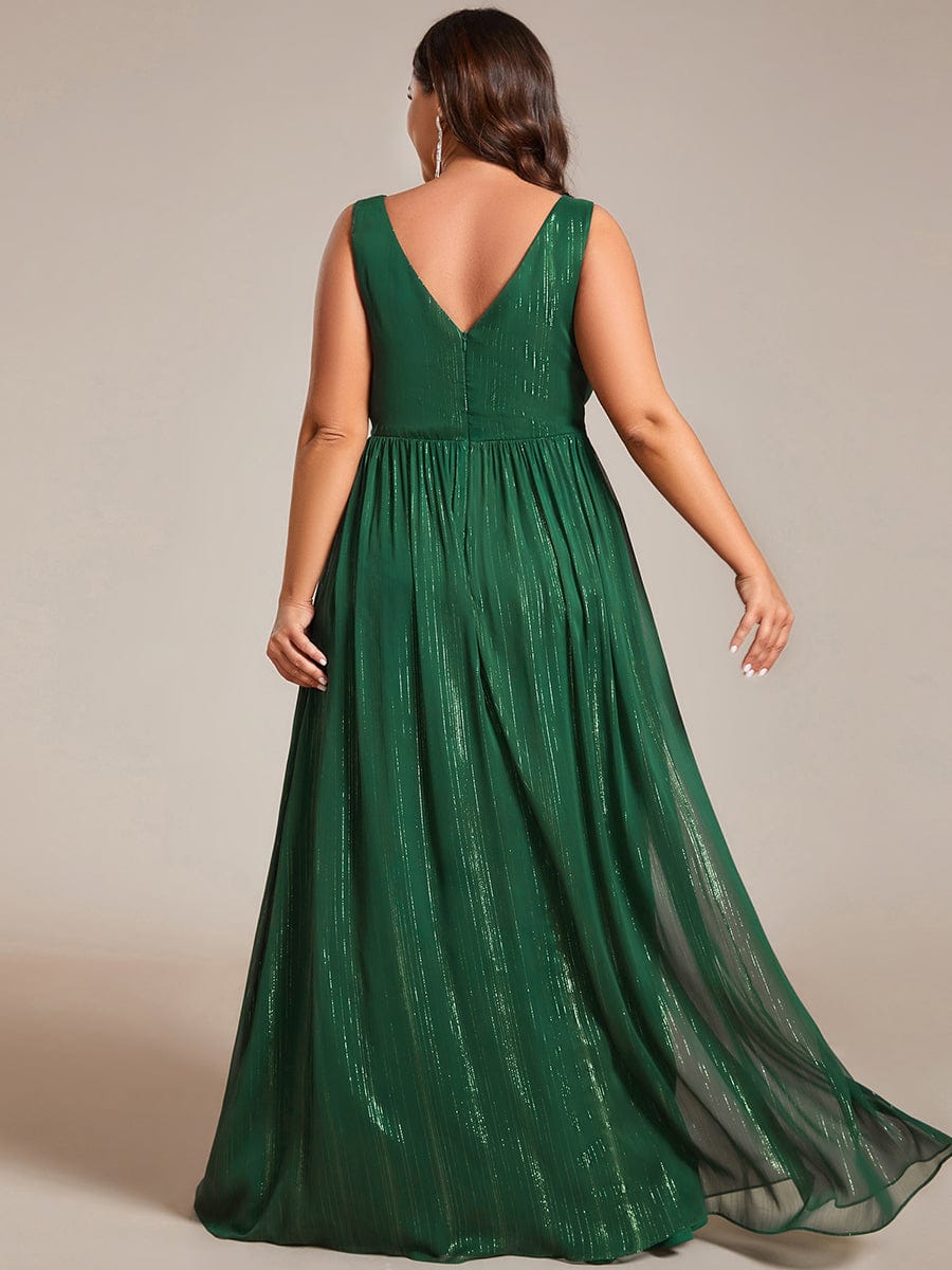 Plus Size V-Neck Sleeveless Glitter A-Line Formal Dress #color_Dark Green