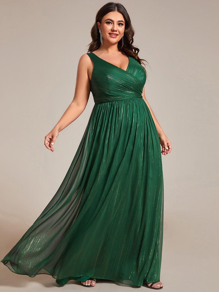 Plus Size V-Neck Sleeveless Glitter A-Line Formal Dress #color_Dark Green