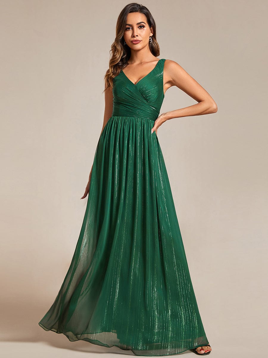 Floor Length V-Neck Sleeveless Glitter A-Line Evening Formal Dress #color_Dark Green