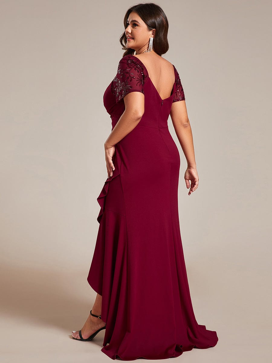 Plus Size High-Low V-Neck Bodycon Fishtail Formal Evening Dress #color_Burgundy