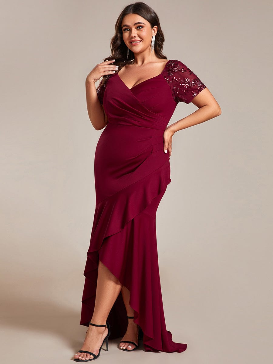 Plus Size High-Low V-Neck Bodycon Fishtail Formal Evening Dress #color_Burgundy