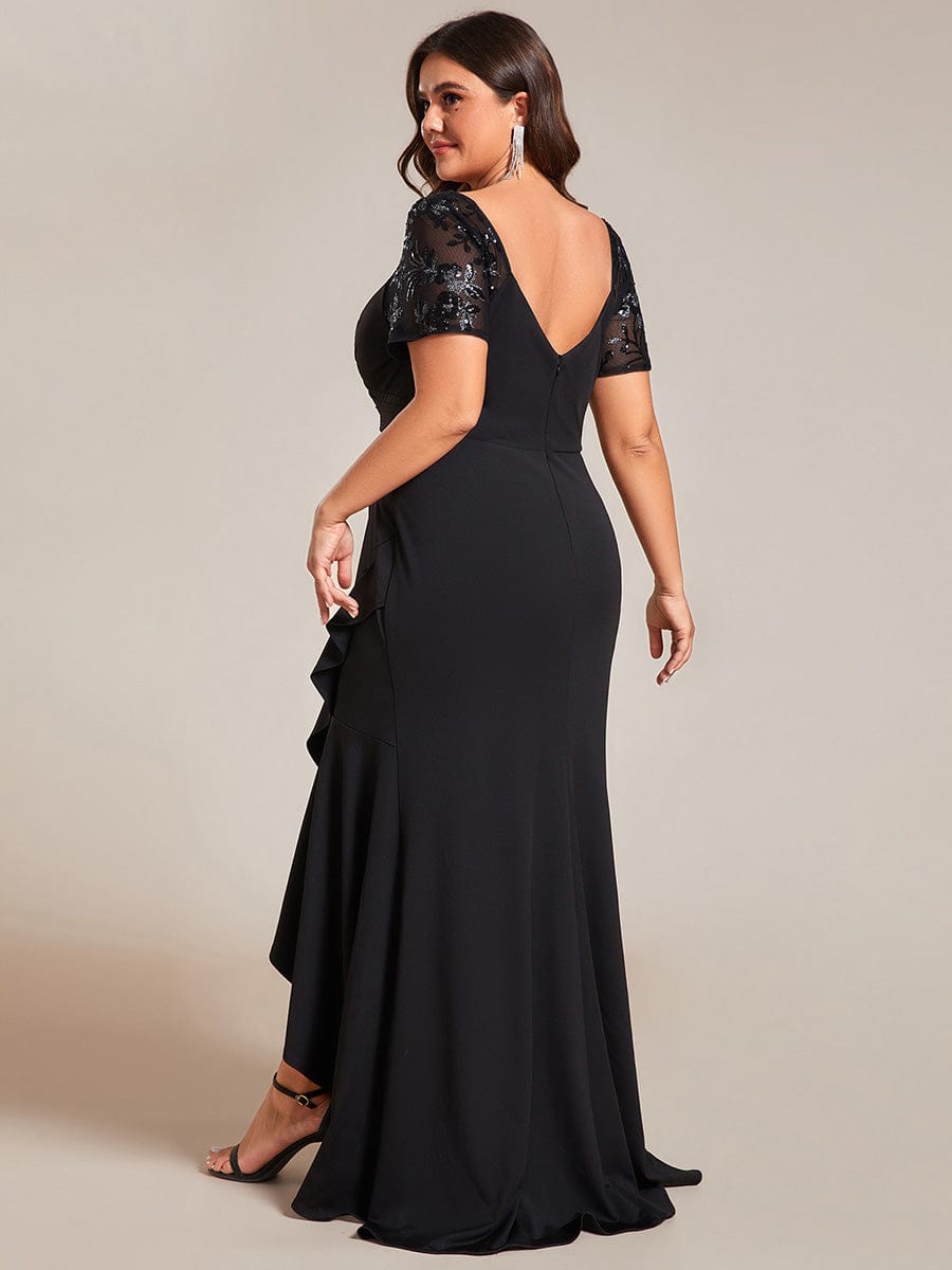 Plus Size High-Low V-Neck Bodycon Fishtail Formal Evening Dress #color_Black