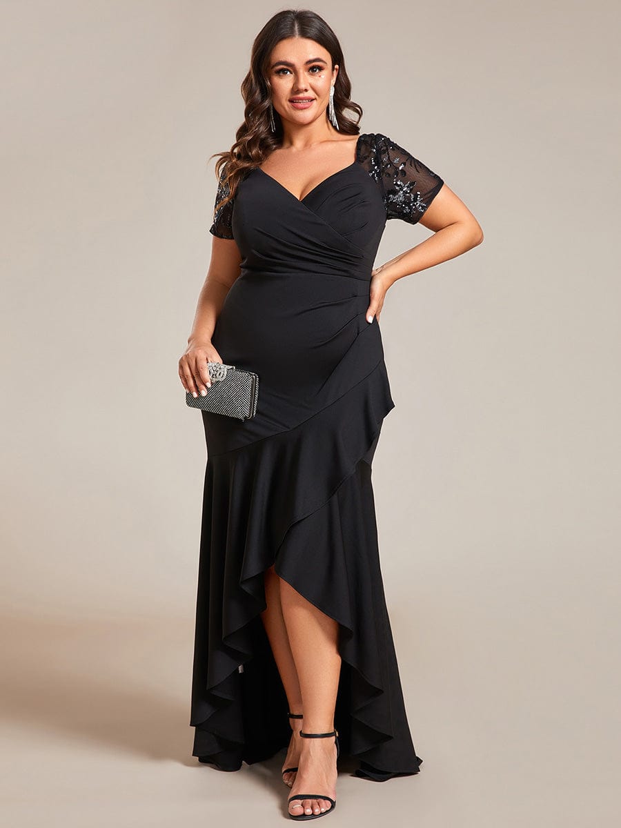 Plus Size High-Low V-Neck Bodycon Fishtail Formal Evening Dress #color_Black