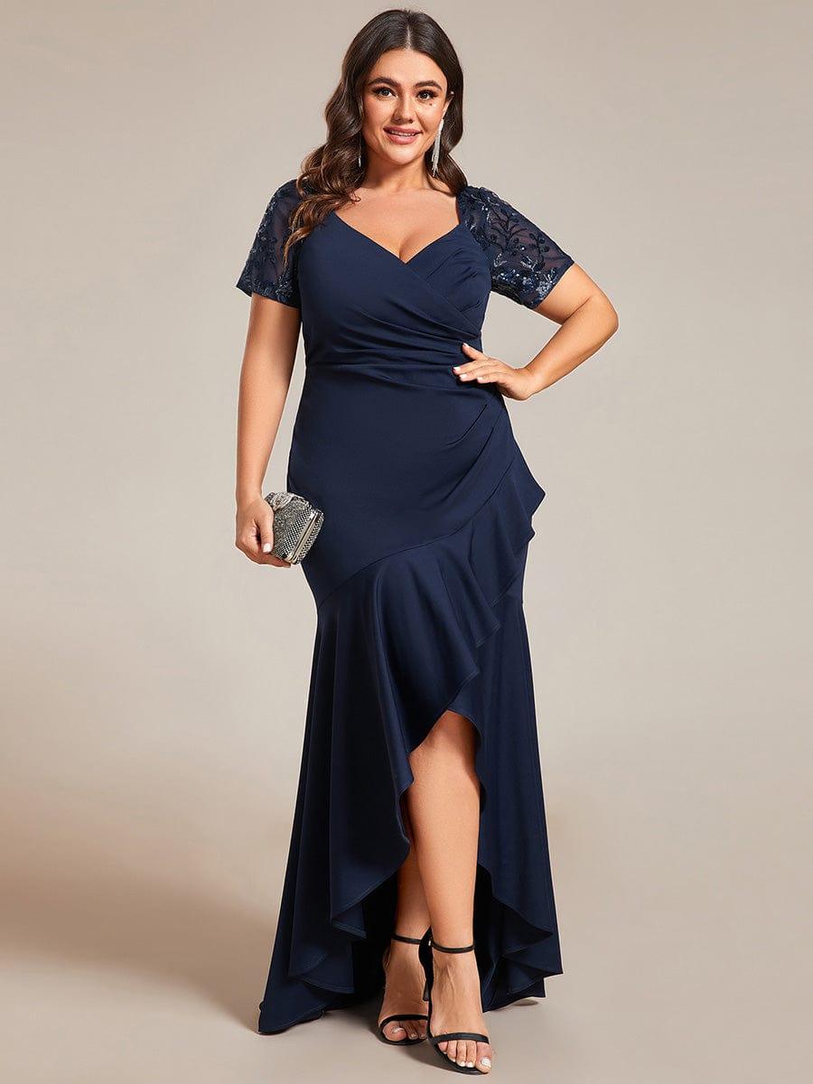 Plus Size High-Low V-Neck Bodycon Fishtail Formal Evening Dress #color_Navy Blue