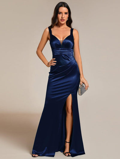 V-Neck Satin Spaghetti Strap High-Slit Fishtail Evening Dresses #color_Navy Blue