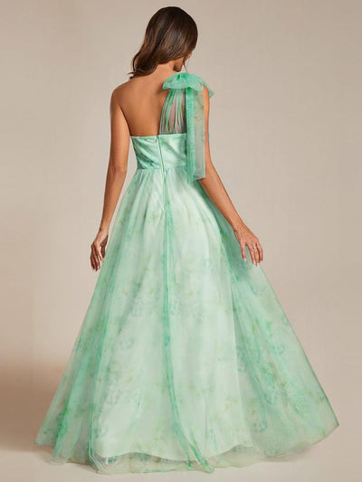 Floral Printed Empire Waist Strapless Formal Evening Dress with A-line #color_Mint Green