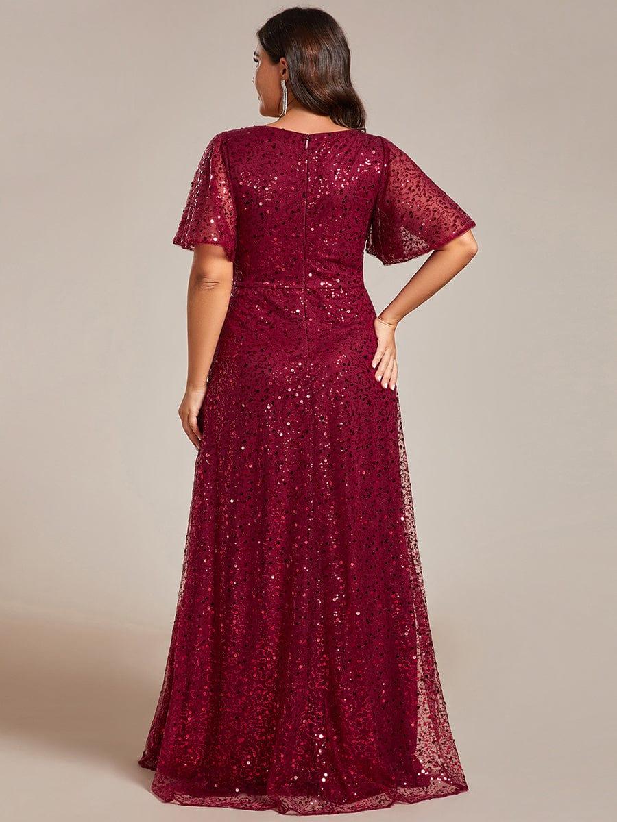 Shimmering All Over Sequin Short Sleeves A-Line Formal Evening Dress #color_Burgundy