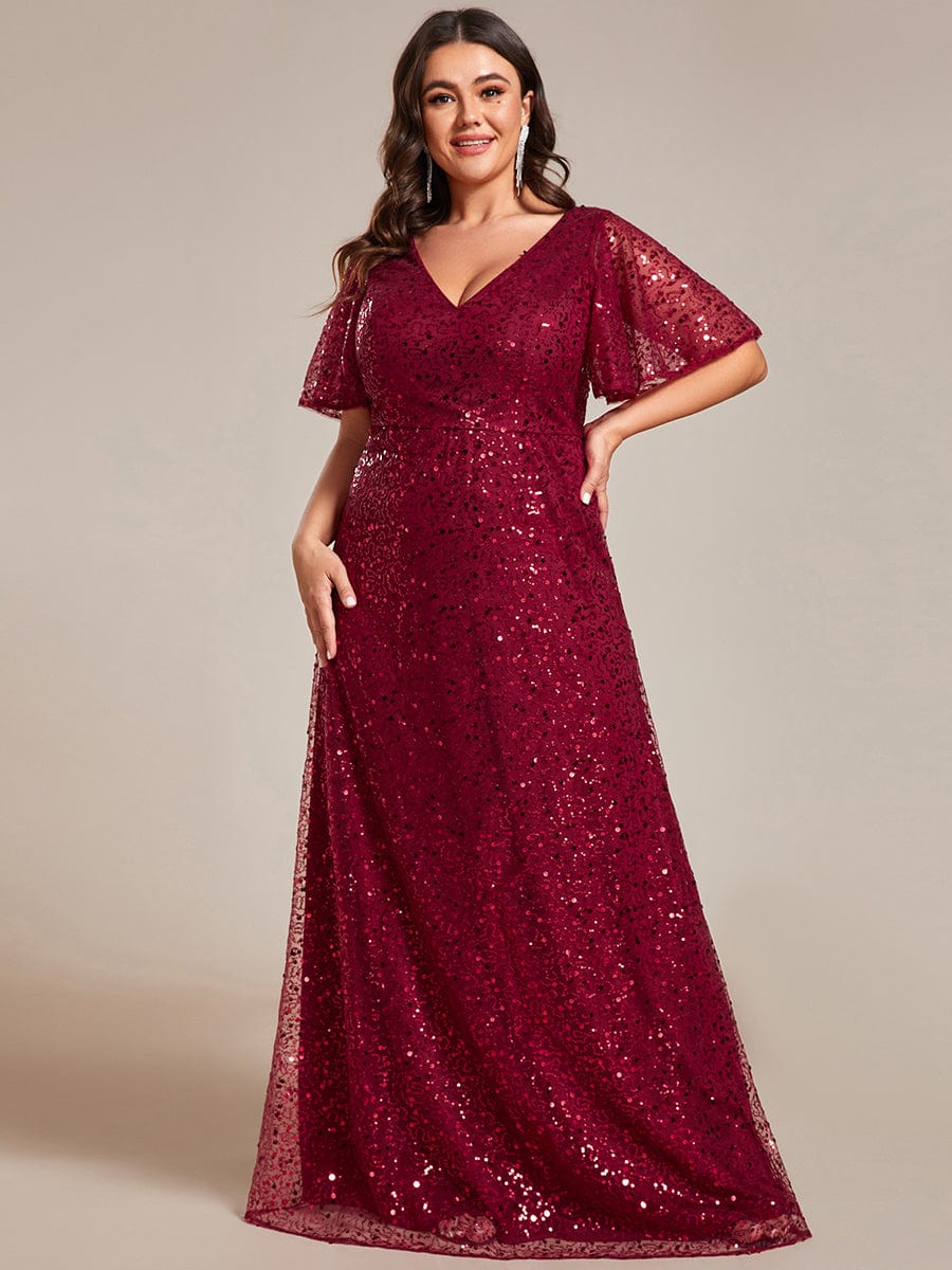 Plus Size See-Through Short Sleeves Maxi Sequin Formal Evening Dress #color_Burgundy