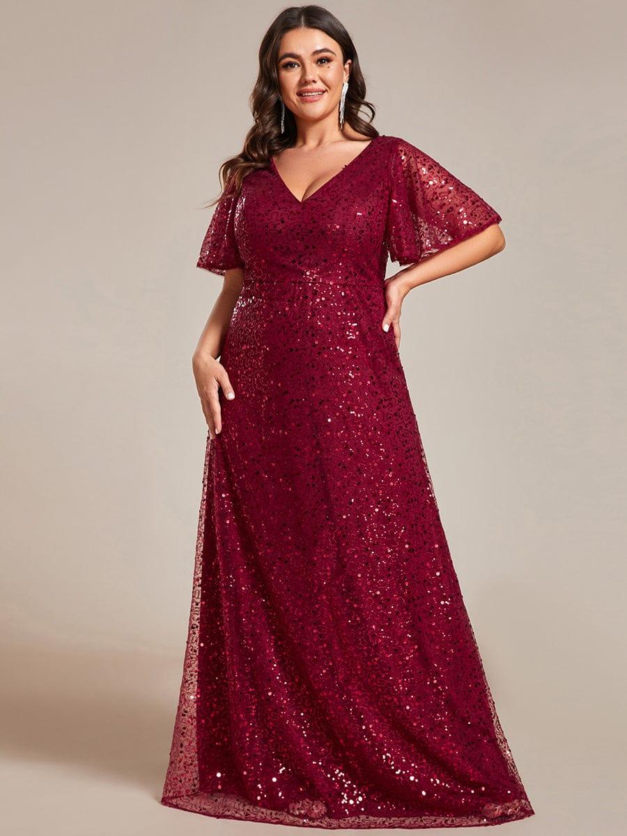 Shimmering All Over Sequin Short Sleeves A-Line Formal Evening Dress #color_Burgundy