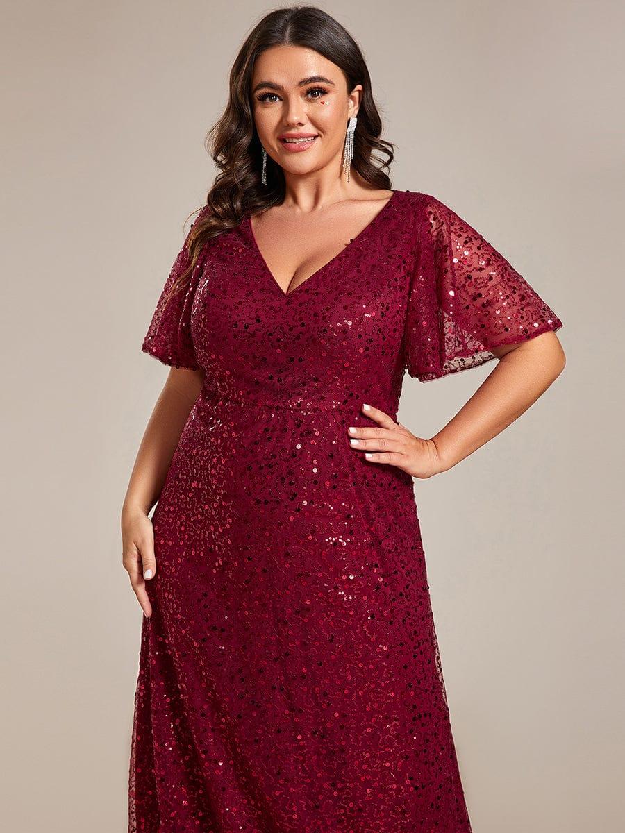 Shimmering All Over Sequin Short Sleeves A-Line Formal Evening Dress #color_Burgundy