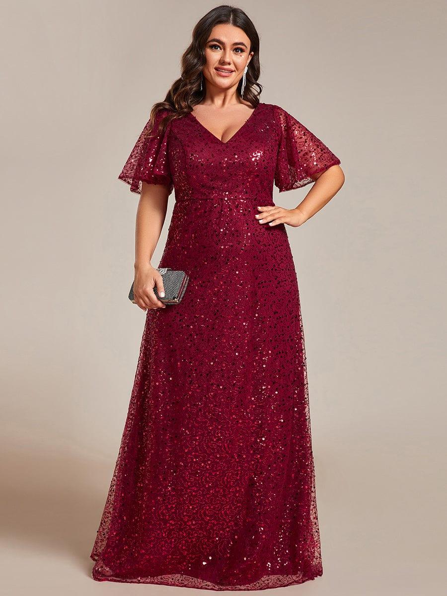 Plus Size See-Through Short Sleeves Maxi Sequin Formal Evening Dress #color_Burgundy
