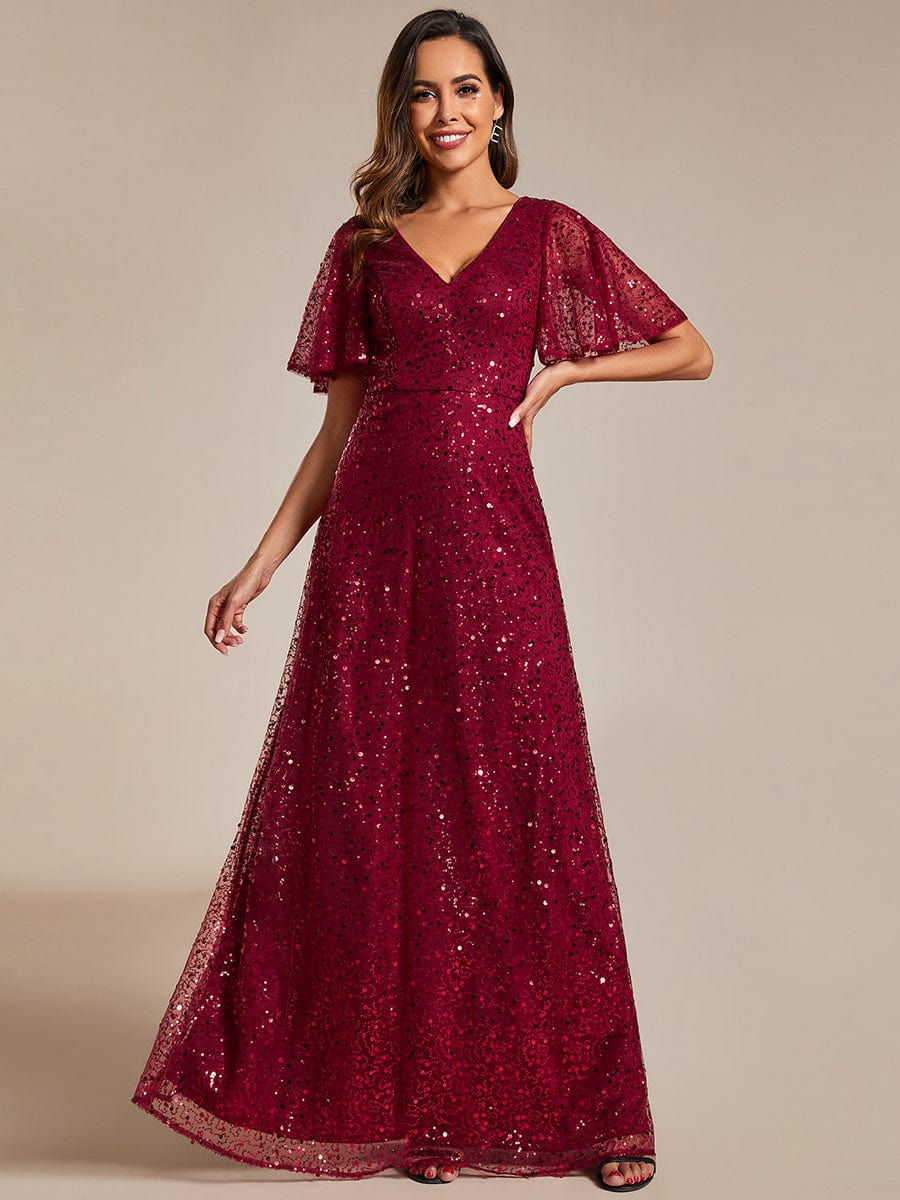 Shimmering All Over Sequin Short Sleeves A-Line Formal Evening Dress #color_Burgundy