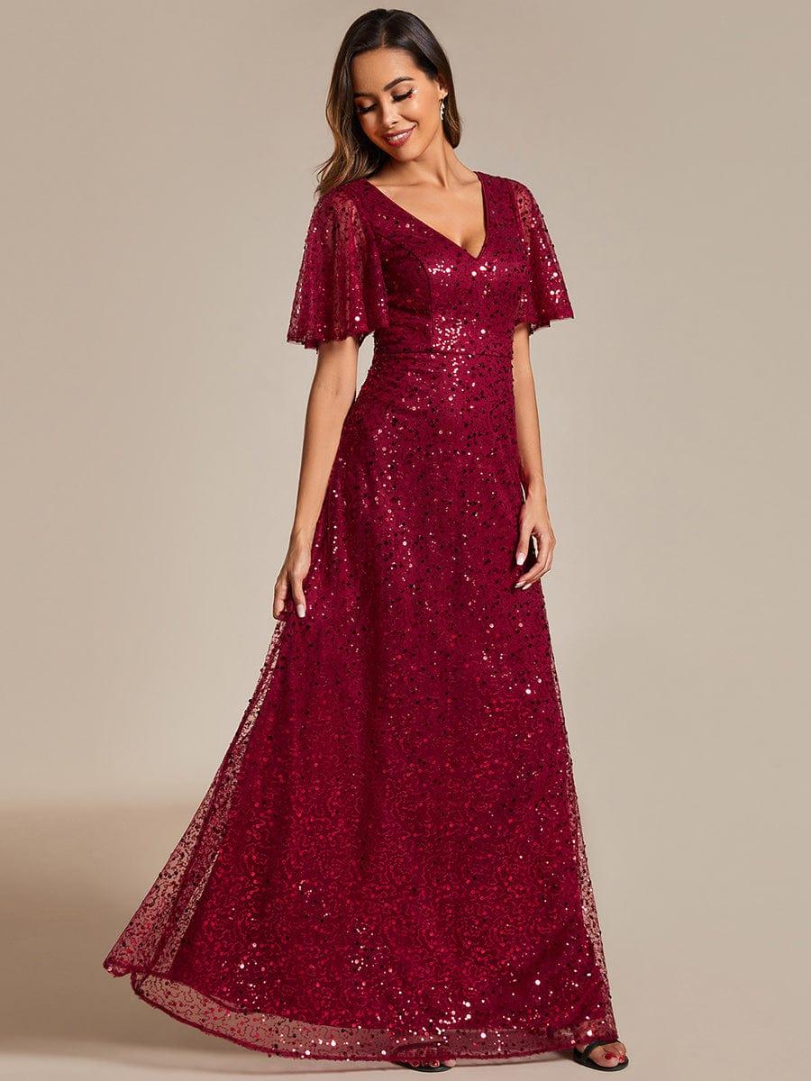 Shimmering All Over Sequin Short Sleeves A-Line Formal Evening Dress #color_Burgundy