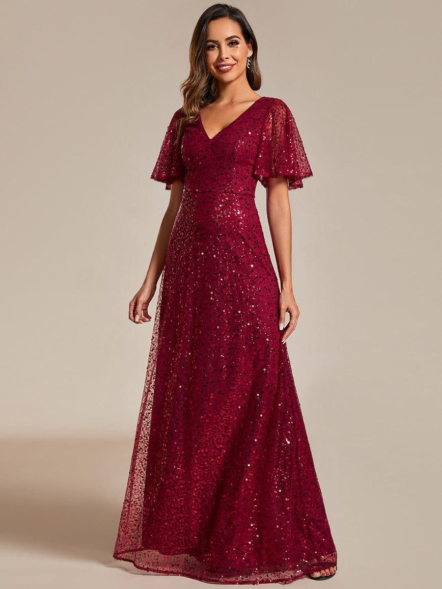 Shimmering All Over Sequin Short Sleeves A-Line Formal Evening Dress #color_Burgundy