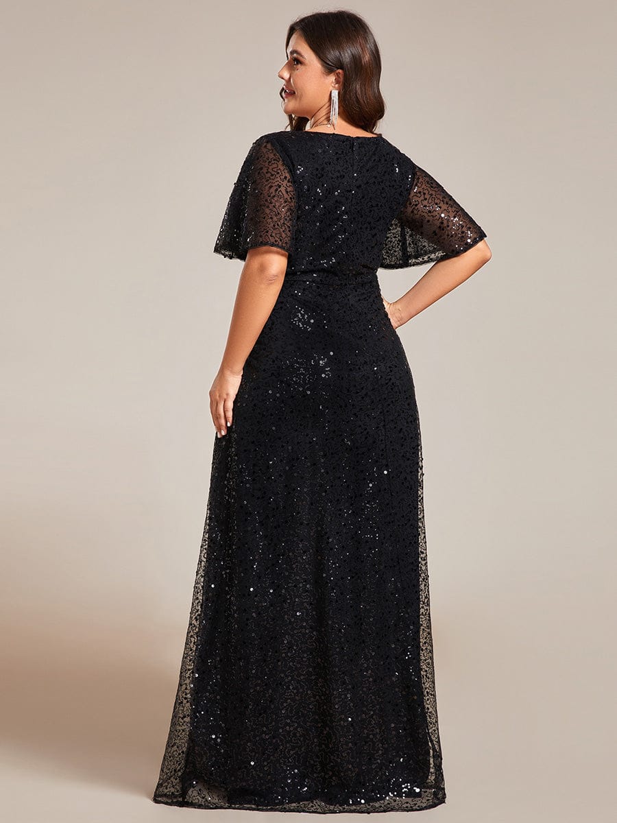 Plus Size See-Through Short Sleeves Maxi Sequin Formal Evening Dress #color_Black
