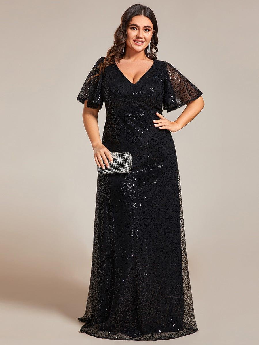 Plus Size See-Through Short Sleeves Maxi Sequin Formal Evening Dress #color_Black