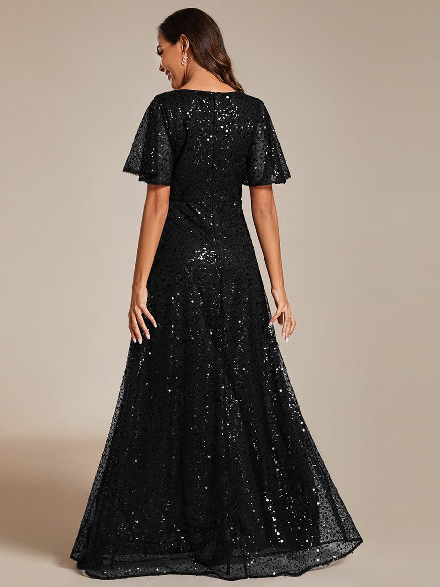 Shimmering All Over Sequin Short Sleeves A-Line Formal Evening Dress #color_Black