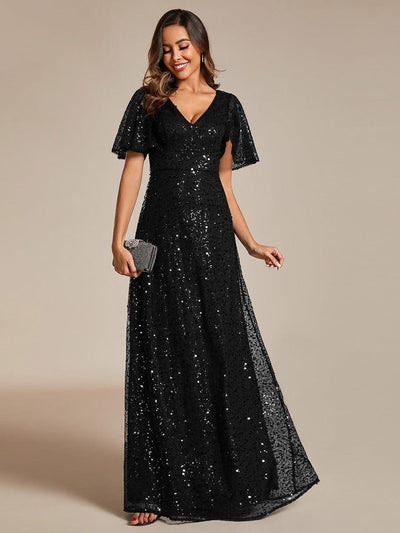 Shimmering All Over Sequin Short Sleeves A-Line Formal Evening Dress #color_Black