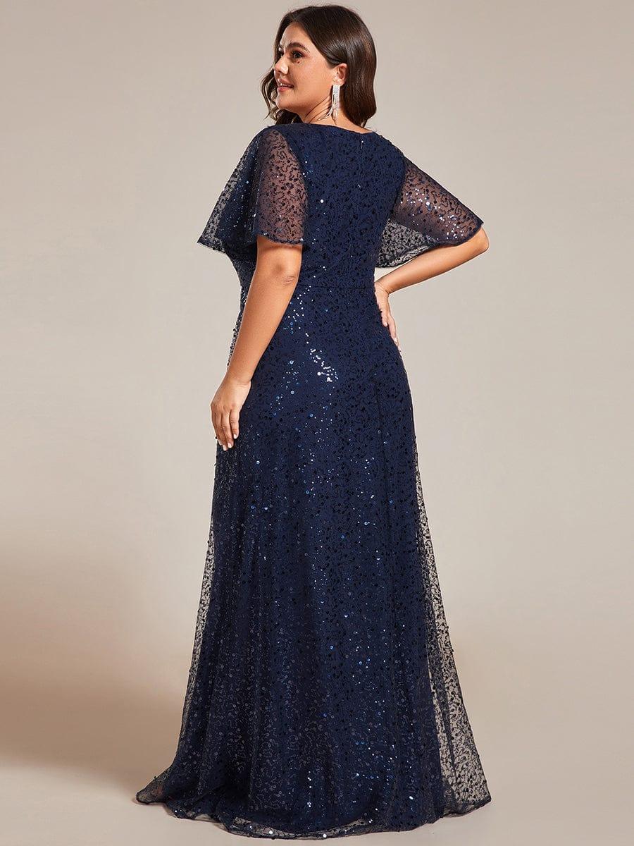 Shimmering All Over Sequin Short Sleeves A-Line Formal Evening Dress #color_Navy Blue