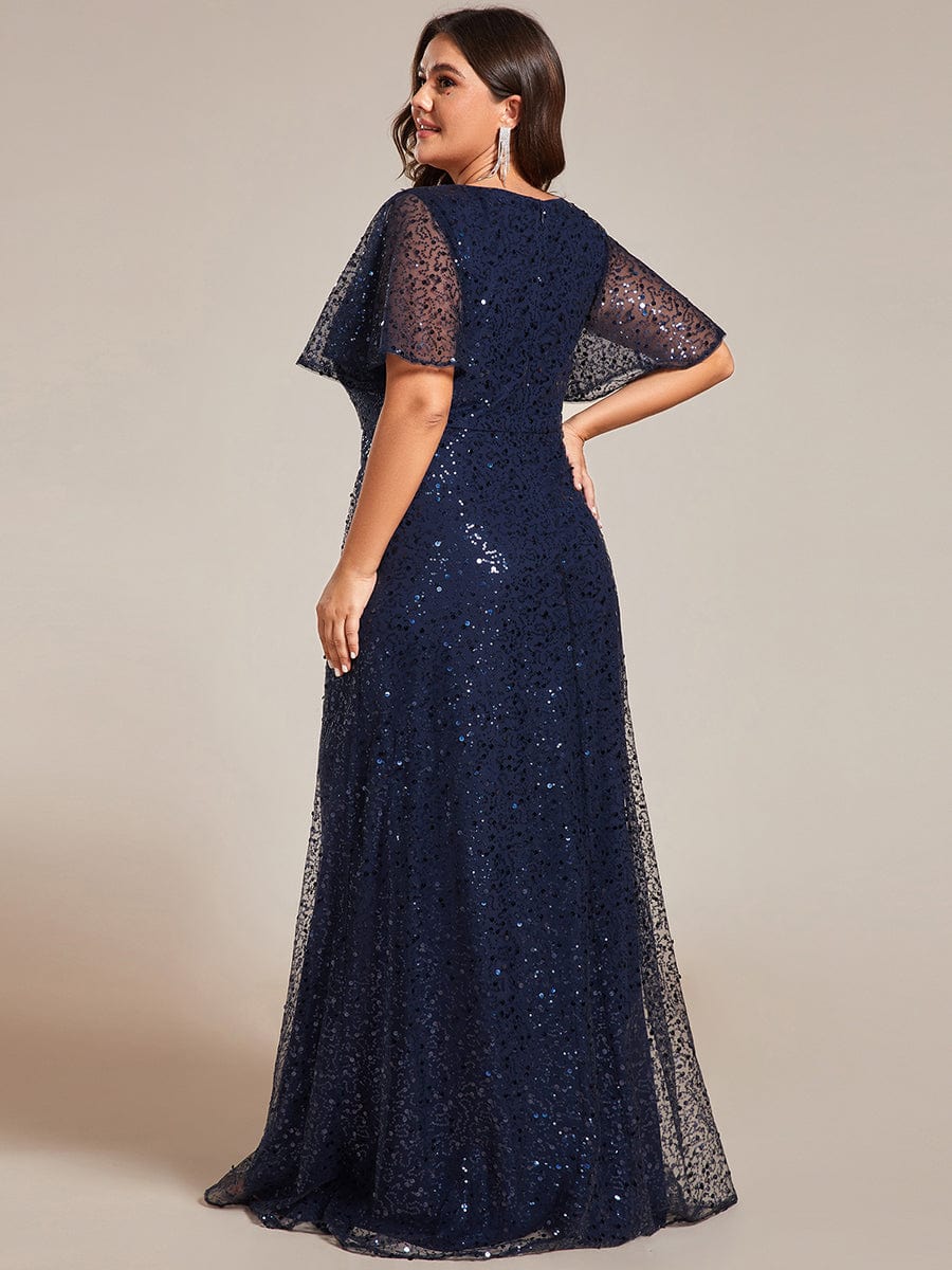 Plus Size See-Through Short Sleeves Maxi Sequin Formal Evening Dress #color_Navy Blue