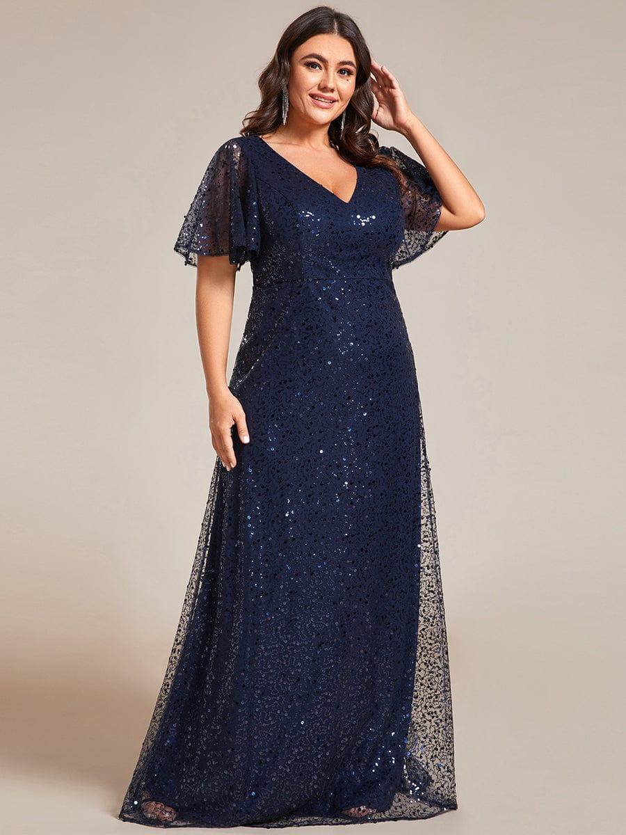 Shimmering All Over Sequin Short Sleeves A-Line Formal Evening Dress #color_Navy Blue