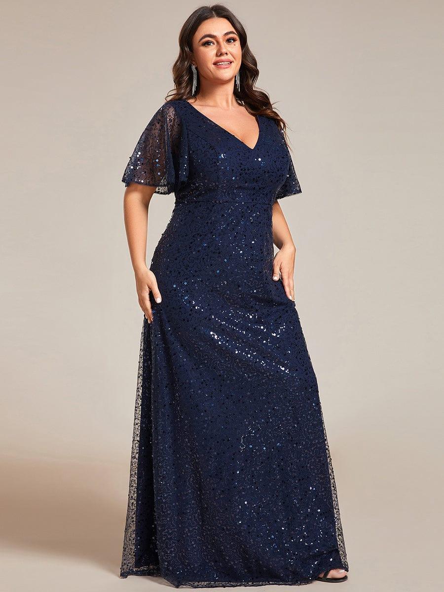 Plus Size See-Through Short Sleeves Maxi Sequin Formal Evening Dress #color_Navy Blue