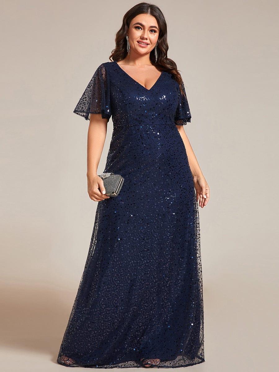 Plus Size See-Through Short Sleeves Maxi Sequin Formal Evening Dress #color_Navy Blue