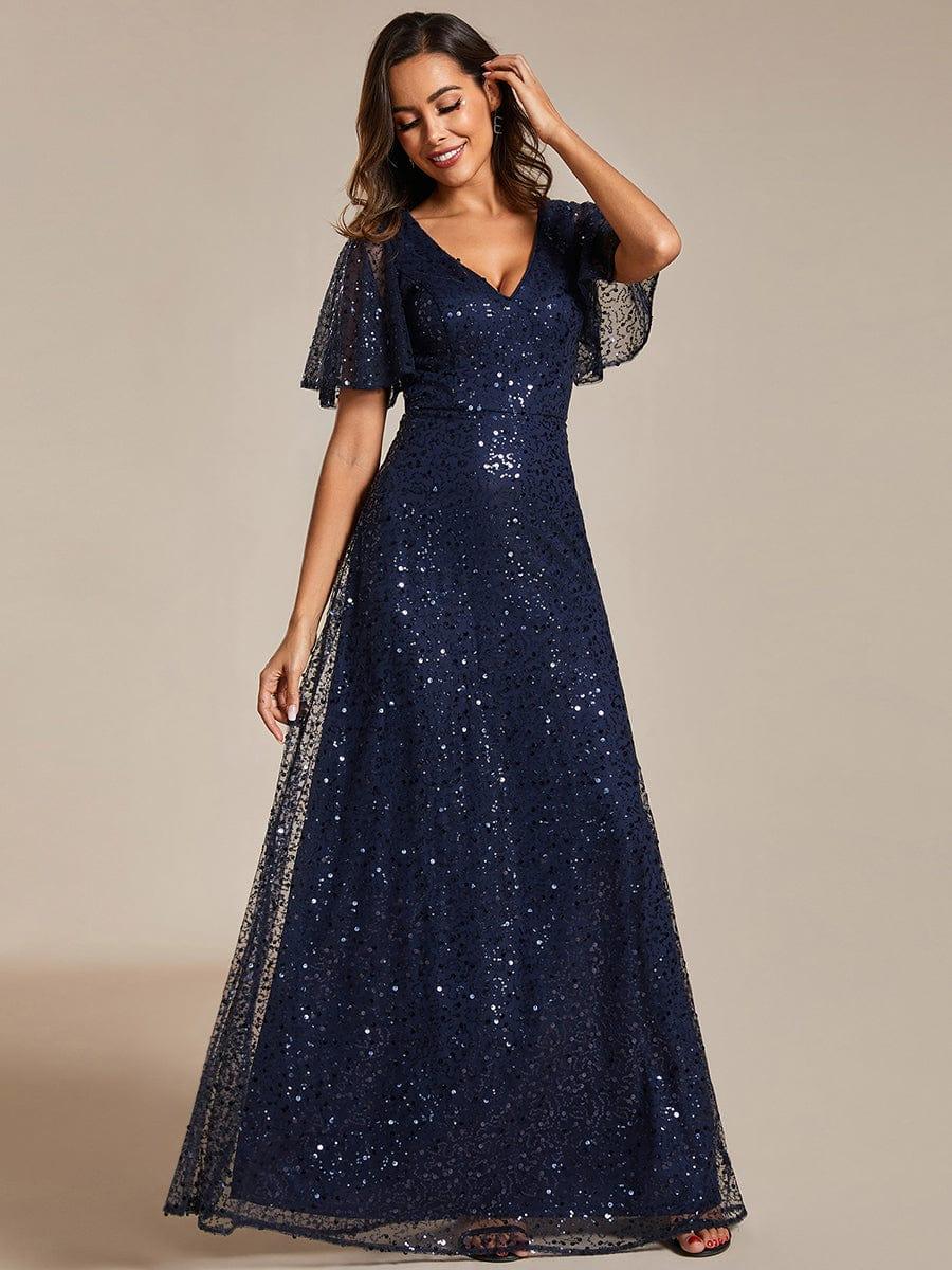 Shimmering All Over Sequin Short Sleeves A-Line Formal Evening Dress #color_Navy Blue