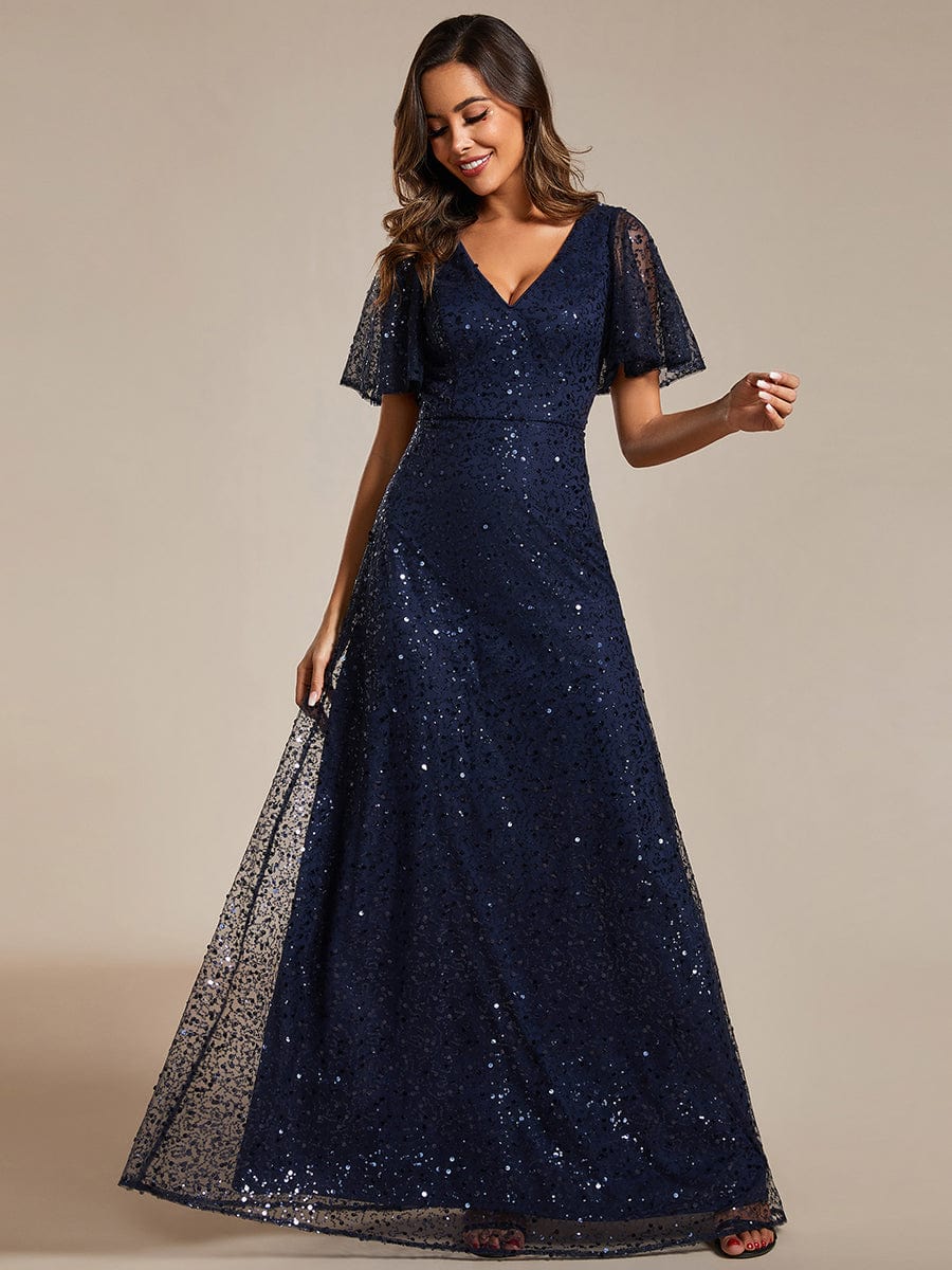 Shimmering All Over Sequin Short Sleeves A-Line Formal Evening Dress