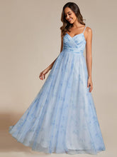 Floral Printed Empire Waist Spaghetti Strap Formal Evening Dress with V-Neck #color_Ice Blue